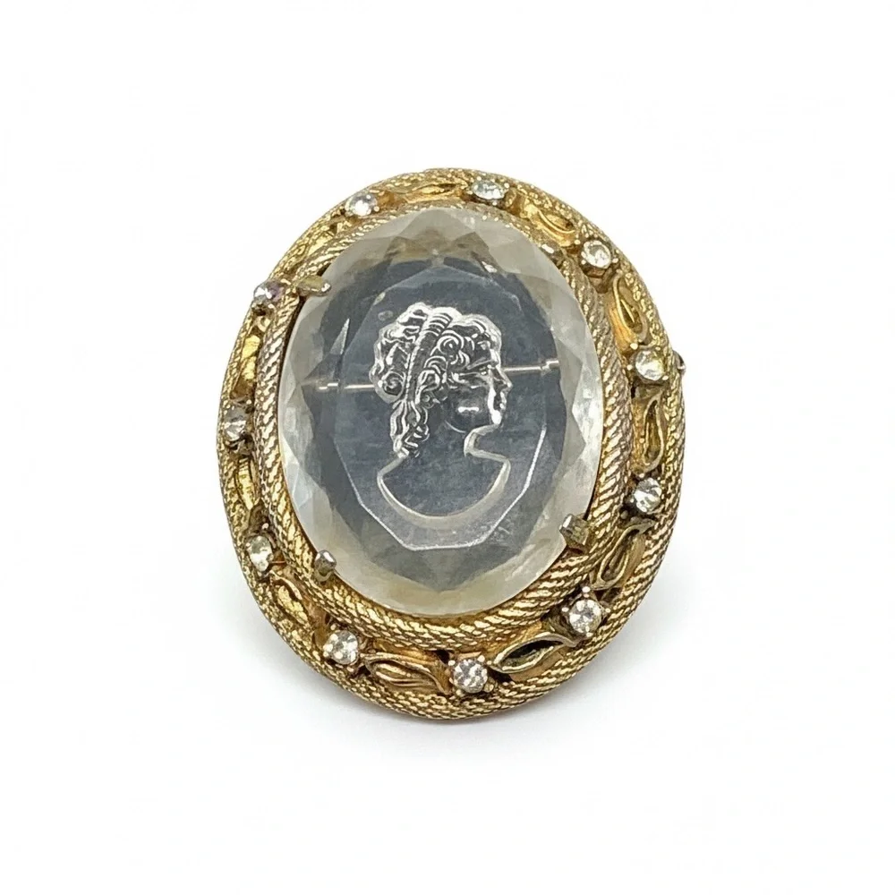 Vintage Lucite Intaglio Cameo Brooch Classical Lady Rhinestone Gold Tone